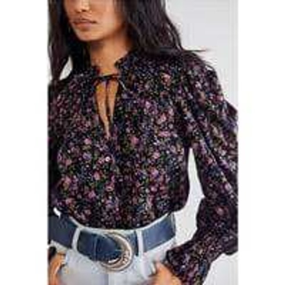 Free People Blouse med floral meant to be black feminine puff sleeve romantic ec